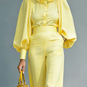 Urban Plain Lotus Leaf Collar Shirt, Blouses and Shirts, color:Yellow|size:XXL, Stylewe