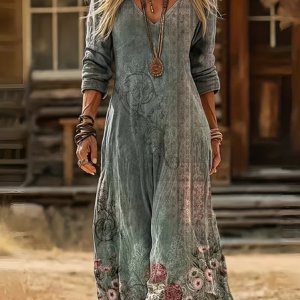 Women Floral Long Sleeve Spring/Fall Printing Dress V Neck Daily Vintage Maxi H-Line Dress, JustFashionNow Casual Dresses, color:Green|size:5XL,