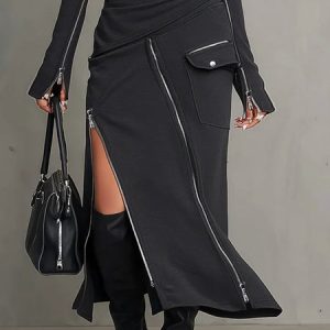 Casual Pockets Plain Midi Skirt, Skirts, color:Black|size:XXL, Stylewe