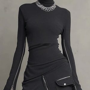 Casual Plain Zipper Mock Neck T-shirt, Tees, color:Black|size:XXL, Stylewe