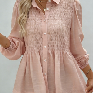 Shawl Collar Long Sleeve Plain Regular Regular Fit Blouse For Women, Blouses, color:Pink|size:4XL, catalog Noracora shop