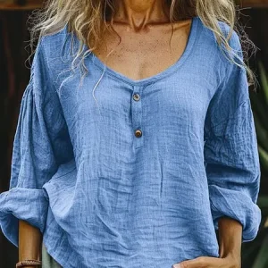 Crew Neck Long Sleeve Plain Regular Loose Blouse For Women, Shirts, color:Sky Blue|size:3XL, catalog Noracora shop