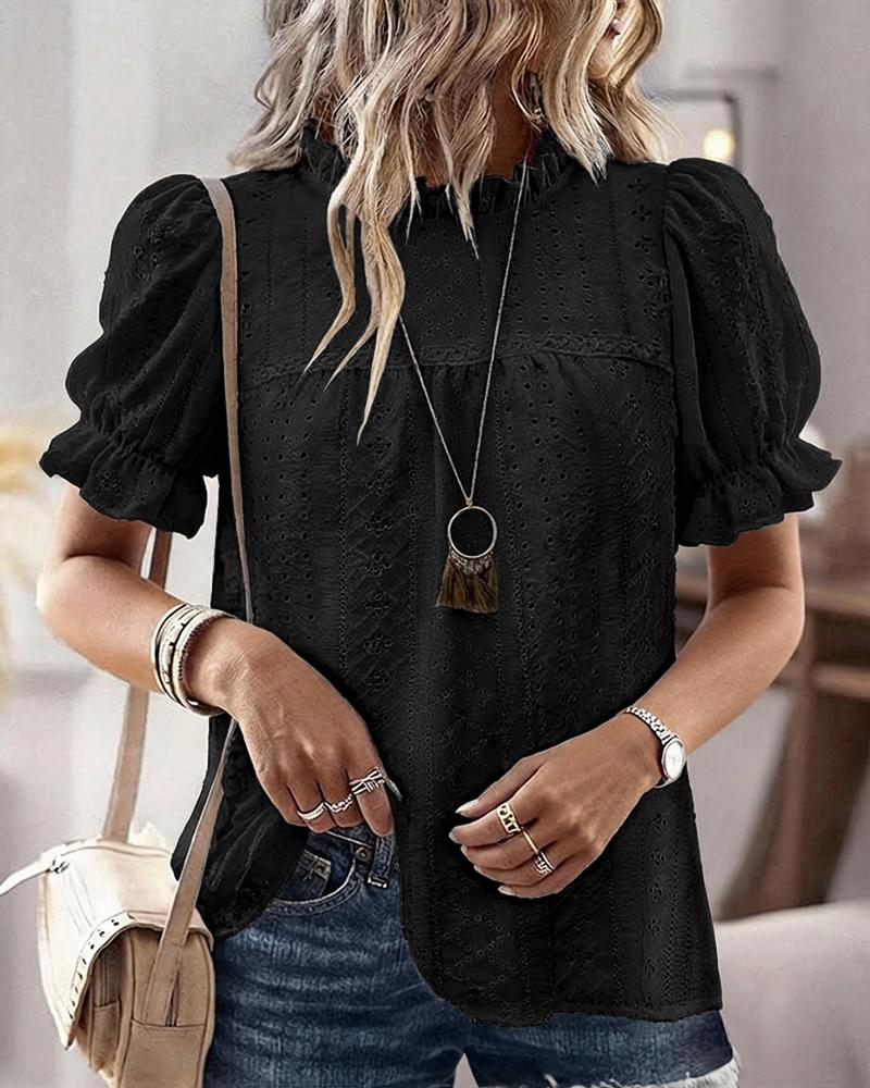 Elegant Frill Hem Stand Collar Puff Sleeve Blouse Casual Hollow Out Embroidery Pullover Top, women Blouses & Shirts, ChicMe catalog - Image 3