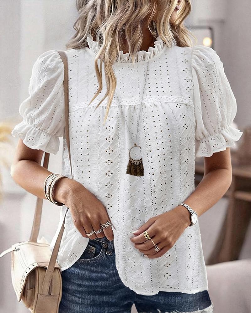 Elegant Frill Hem Stand Collar Puff Sleeve Blouse Casual Hollow Out Embroidery Pullover Top, women Blouses & Shirts, ChicMe catalog - Image 4
