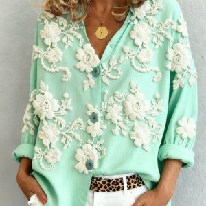 Shawl Collar Long Sleeve Floral Regular Loose Shirt For Women, Shirts, color:Green|size:4XL, catalog Noracora shop