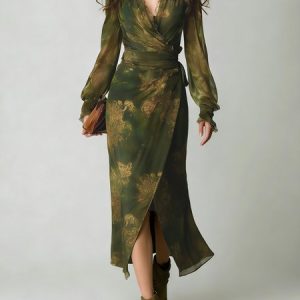 Vacation Floral  Printing V Neck Maxi Dress, Maxi Dresses, color:Green|size:XXL, Stylewe