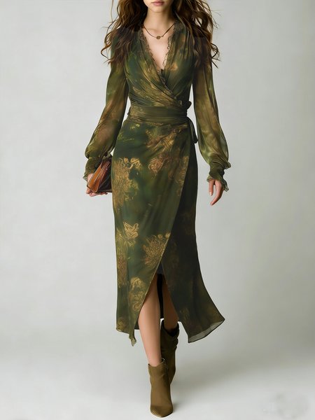 Vacation Floral Printing V Neck Maxi Dress, Maxi Dresses, color:Green|size:XXL, Stylewe