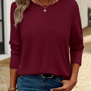 Women Plain Long Sleeve Tee T-shirt Crew Neck Printing Casual Spring/Fall Graphic Tee Top, JustFashionNow T-Shirts, color:Wine Red|size:XXL,