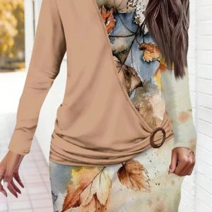 Women Floral Pattern Spring/Fall Dress Crew Neck Long Sleeve Fit & Flare Dress A-Line Dress, Midi, color:Khaki|size:3XL, catalog Noracora shop