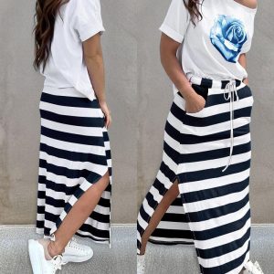 2 Pieces Outfit Floral Print Round Neck Turn-Up Cuffs Top and Casual Striped Drawstring Elastic Waist Side Slit Skirt Set, women Two-piece Sets, ChicMe catalog