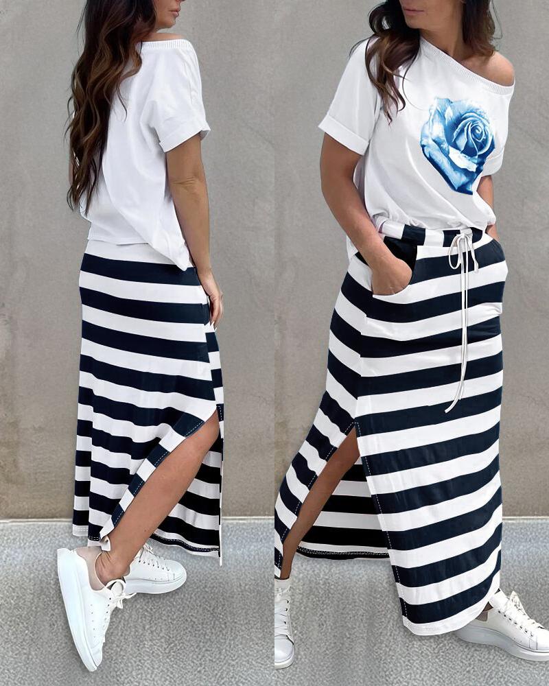 2 Pieces Outfit Floral Print Round Neck Turn-Up Cuffs Top and Casual Striped Drawstring Elastic Waist Side Slit Skirt Set, women Two-piece Sets, ChicMe catalog