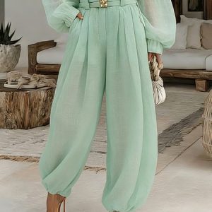 Cotton And Linen Casual Plain Wide Leg Pants With Belt, Pants, color:Green|size:XXL, Stylewe