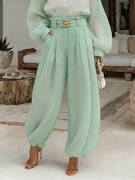 Cotton And Linen Casual Plain Wide Leg Pants With Belt, Pants, color:Green|size:XXL, Stylewe
