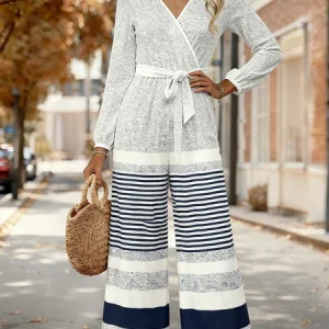 Women Striped V Neck Long Sleeve Elegant Spring/Fall Jumpsuit, Jumpsuits&Rompers, color:Light Gray|size:4XL, catalog Noracora shop