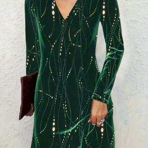 Women Abstract Long Sleeve Summer Printing Dress V Neck Holiday Vintage Midi Tunic A-Line Dress, JustFashionNow Casual Dresses, color:Green|size:XXL,