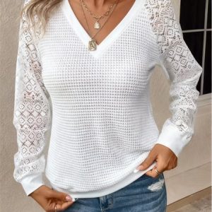 Casual Plain V Neck Long Sleeve T-shirt, Blouses, color:White|size:4XL, catalog Noracora shop