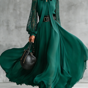 Elegant Plain V Neck Maxi Dress No Belt, Maxi Dresses, color:Green|size:XXL, Stylewe
