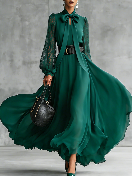 Elegant Plain V Neck Maxi Dress No Belt, Maxi Dresses, color:Green|size:XXL, Stylewe