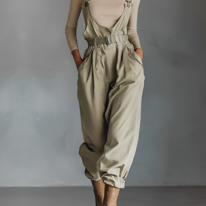 Casual Plain Overall Bib Pants With Belt, Jumpsuits, color:As Picture|size:XXL, Stylewe