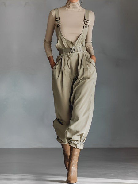 Casual Plain Overall Bib Pants With Belt, Jumpsuits, color:As Picture|size:XXL, Stylewe