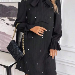 Women Plain Spring/Fall Beaded Dress Lotus Leaf Collar Long Sleeve Fit & Flare Dress A-Line Dress, Dresses, color:Black|size:XL, catalog Noracora shop