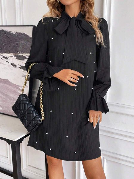 Women Plain Long Sleeve Spring/Fall Beaded Dress Lotus Leaf Collar Daily Casual Mini Fit & Flare Dress A-Line Dress, JustFashionNow Dresses, color:Black|size:XL,