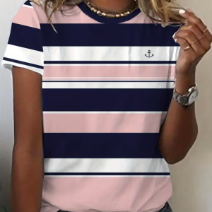 Women Striped Short Sleeve Tee T-shirt Crew Neck Printing Casual Summer Graphic Tee Top, JustFashionNow T-Shirts, color:Pink|size:XXL