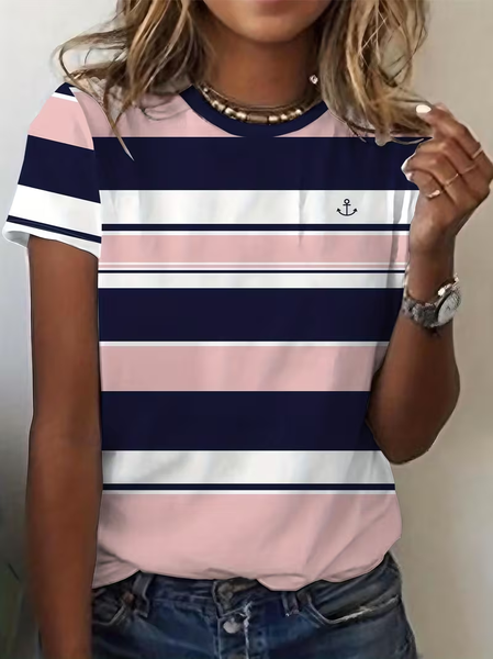 Women Striped Short Sleeve Tee T-shirt Crew Neck Printing Casual Summer Graphic Tee Top, JustFashionNow T-Shirts, color:Pink|size:XXL