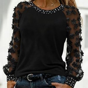 Pearls Decor 3D Floral appliques Sheer Mesh Long Sleeve Tee Casual Hollow-out Back Top, women T-shirt & Tees, ChicMe catalog