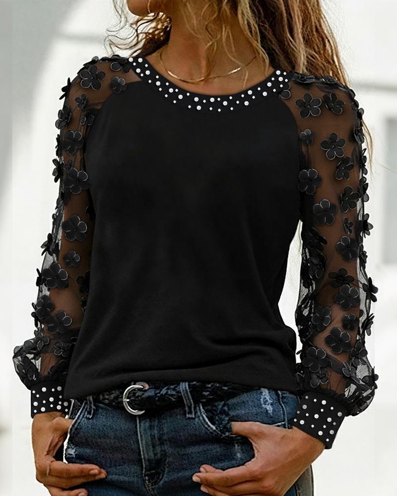 Pearls Decor 3D Floral appliques Sheer Mesh Long Sleeve Tee Casual Hollow-out Back Top, women T-shirt & Tees, ChicMe catalog