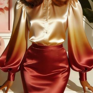 Satin Elegant Ombre Printing  Puff Sleeve Shirt With Brooch, Blouses and Shirts, color:As Picture|size:XXL, Stylewe