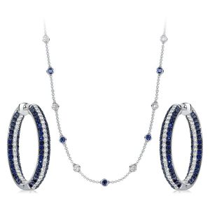 jewelry sets - Italo Secure Round Cut White & Blue Sapphire Hoop Earrings & Necklace Jewelry Set, Italo jewelry - Online Catalog