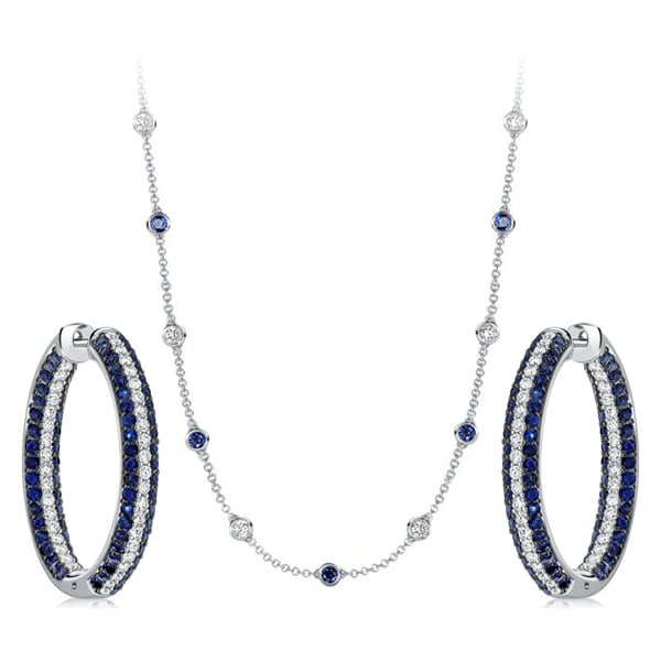 jewelry sets - Italo Secure Round Cut White & Blue Sapphire Hoop Earrings & Necklace Jewelry Set, Italo jewelry - Online Catalog