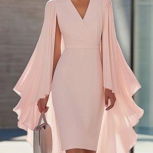Elegant Plain Dolman Sleeve V Neck Party Mini Dress, Mini Dresses, color:Pink|size:XXL, Stylewe
