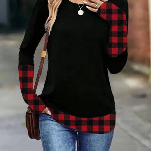 Women Plaid Long Sleeve Tee T-shirt Crew Neck Casual Spring/Fall Tunic Top, JustFashionNow T-Shirts, color:Black|size:XXL,