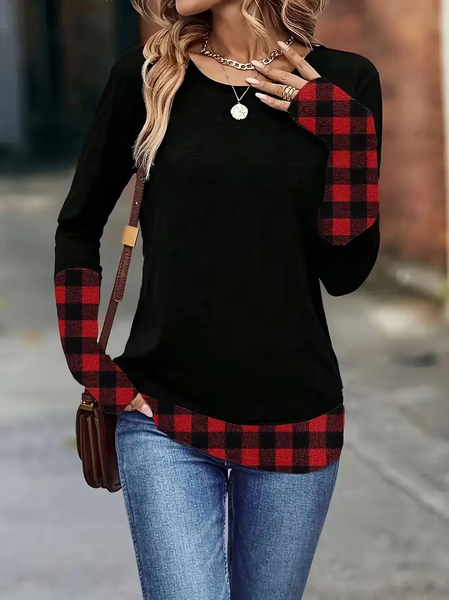 Women Plaid Long Sleeve Tee T-shirt Crew Neck Casual Spring/Fall Tunic Top, JustFashionNow T-Shirts, color:Black|size:XXL,