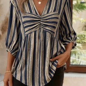 Casual Striped V Neck Half Sleeve T-shirt, Blouses, color:Deep Blue|size:4XL, catalog Noracora shop