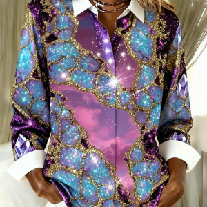 Shirt Collar Long Sleeve Geometric Regular Loose Shirt For Women, Shirts, color:Purple|size:5XL, catalog Noracora shop