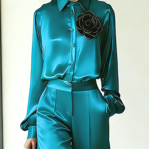 Satin Urban Plain 3D Floral Shirt Collar Shirt, Blouses and Shirts, color:Cyan|size:XXL, Stylewe