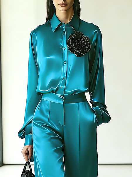 Satin Urban Plain 3D Floral Shirt Collar Shirt, Blouses and Shirts, color:Cyan|size:XXL, Stylewe