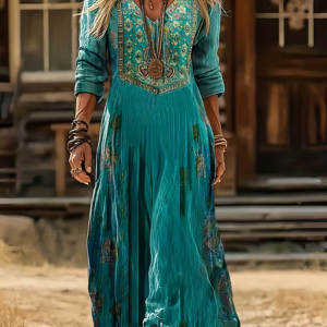 Women Ethnic Long Sleeve Spring/Fall Printing Dress V Neck Daily Vintage Maxi H-Line Dress, JustFashionNow Casual Dresses, color:Cyan|size:5XL,