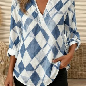 V Neck Three Quarter Sleeve Geometric Regular Loose Shirt For Women, Shirts, color:Blue|size:4XL, catalog Noracora shop