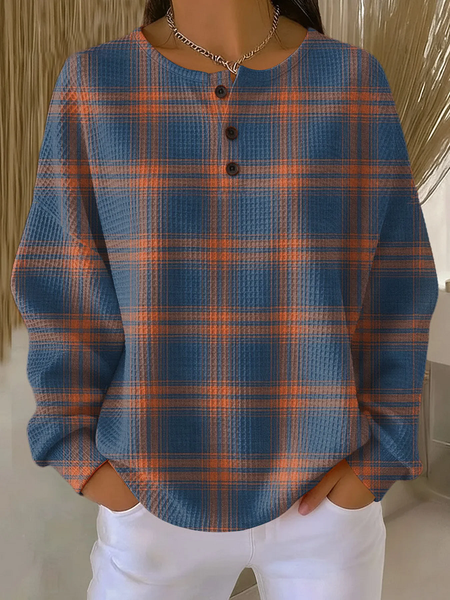 Women Plaid Crew Neck Printing Casual Spring/Fall Long Sleeve Sweatshirt, JustFashionNow Sweatshirts & Hoodies, color:Blue|size:5XL,