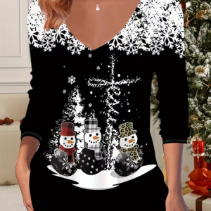 Women Christmas Snowman Long Sleeve Tee T-shirt V Neck Printing Casual Spring/Fall Graphic Tee Top, JustFashionNow T-Shirts, color:Black|size:XXL,