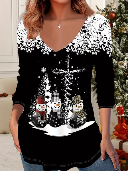 Women Christmas Snowman Long Sleeve Tee T-shirt V Neck Printing Casual Spring/Fall Graphic Tee Top, JustFashionNow T-Shirts, color:Black|size:XXL,