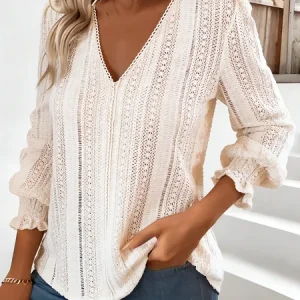 V Neck Long Sleeve Plain Regular Loose Shirt For Women, Shirts, color:Apricot|size:XXL, catalog Noracora shop