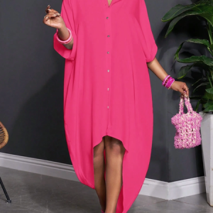 Casual Plain Buttoned Midi Dress, Midi Dresses, color:Pink|size:XXL, Stylewe