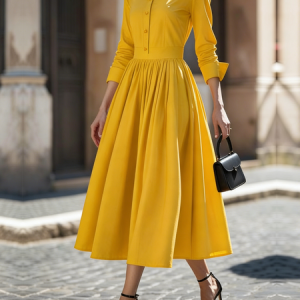 Urban Plain Shirt Collar Midi Dress, Maxi Dresses, color:Yellow|size:XXL, Stylewe