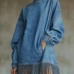 Denim Casual Plain Balloon Sleeve Tassel Turtleneck Mini Dress, Mini Dresses, color:Denim Blue|size:XXL, Stylewe