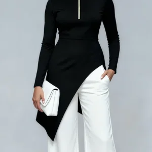 Urban Plain Irregular Craftsmanship Stand Collar Blouse, Blouses and Shirts, color:Black|size:XXL, Stylewe